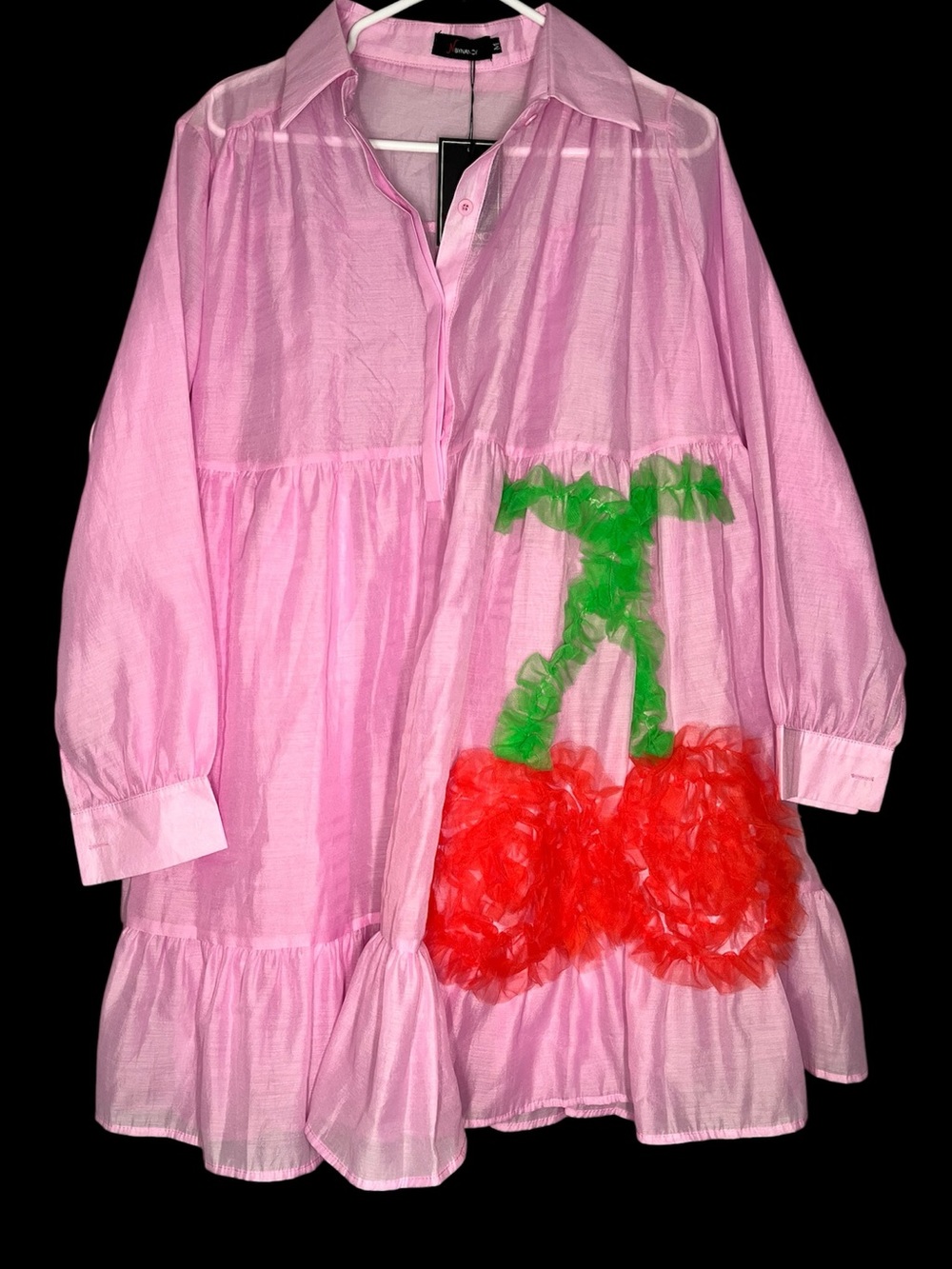 N By Nancy Cherry Tulle Shirt Dress Pink Tiered Collared Button Front Medium NWT